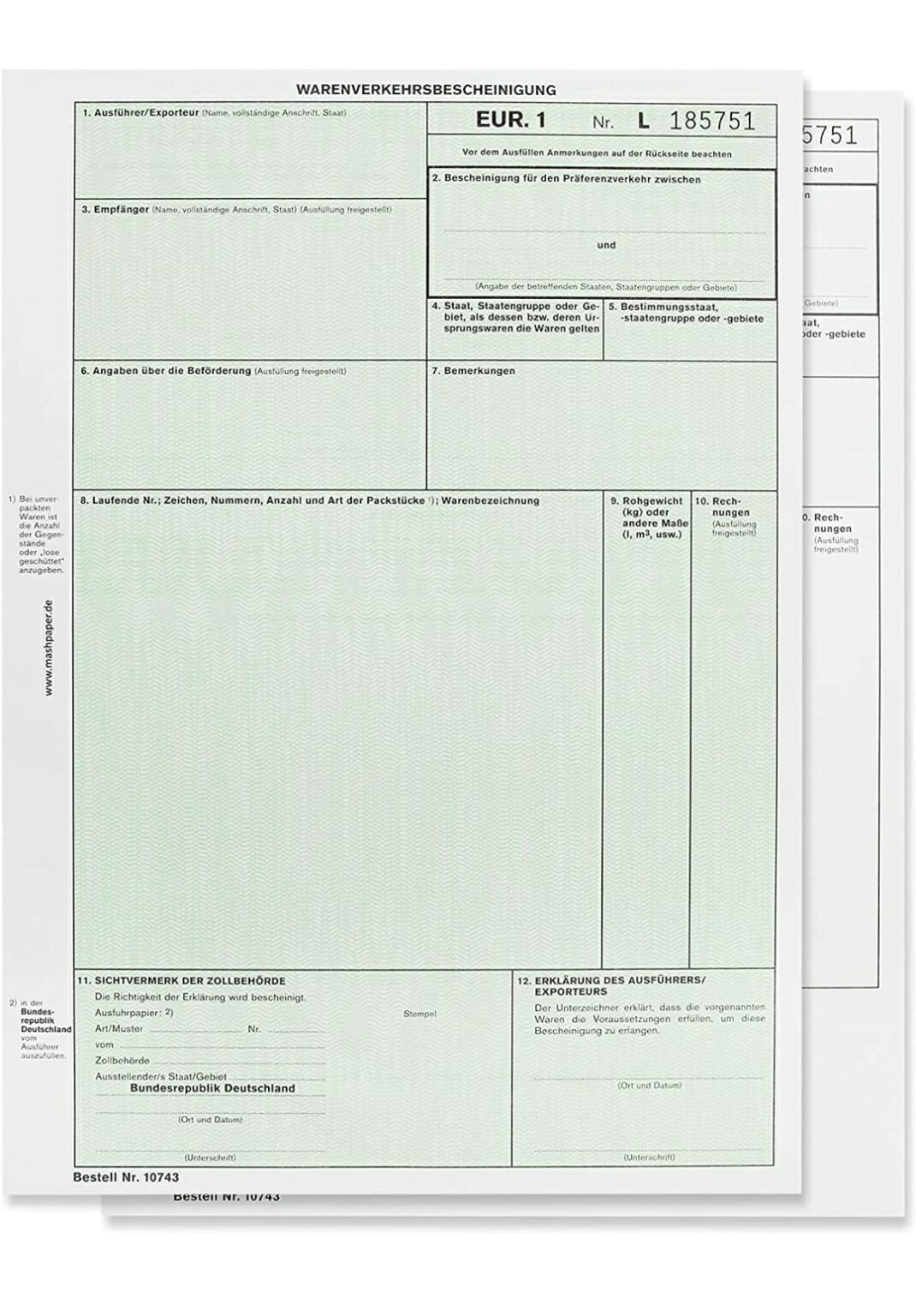 EUR. 1 / A.TR - Ausfuhrzoll - Ausfuhranmeldung