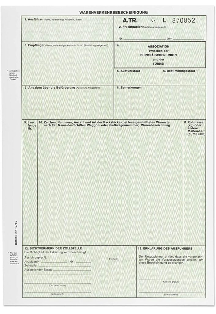 EUR. 1 / A.TR - Ausfuhrzoll - Ausfuhranmeldung